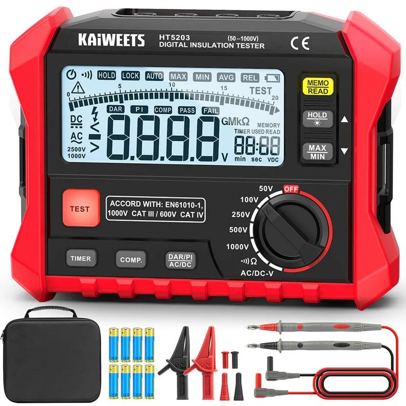 KAIWEETS Megohmmeter, Insulation Resistance Tester, Up to 100GΩ, 50V/100V/250V/500V/1000V, One-Touch DAR/PI, with AC/DC Voltage Testing for Motors, Solar, HVAC - Image 1