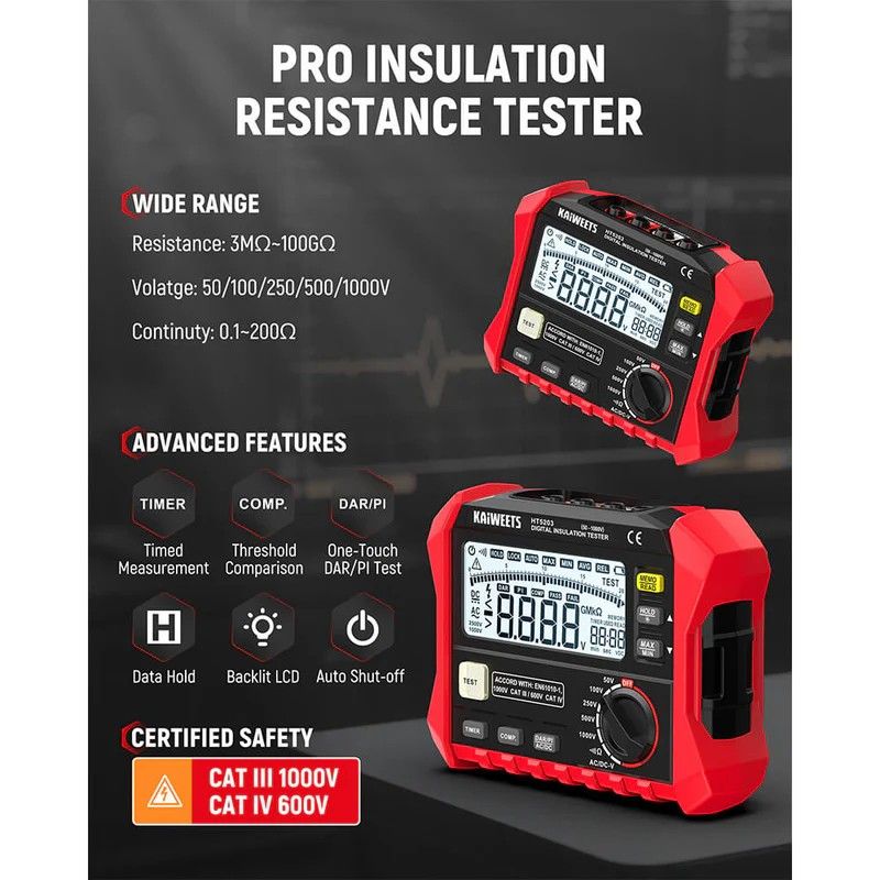 KAIWEETS Megohmmeter, Insulation Resistance Tester, Up to 100GΩ, 50V/100V/250V/500V/1000V, One-Touch DAR/PI, with AC/DC Voltage Testing for Motors, Solar, HVAC - Image 2