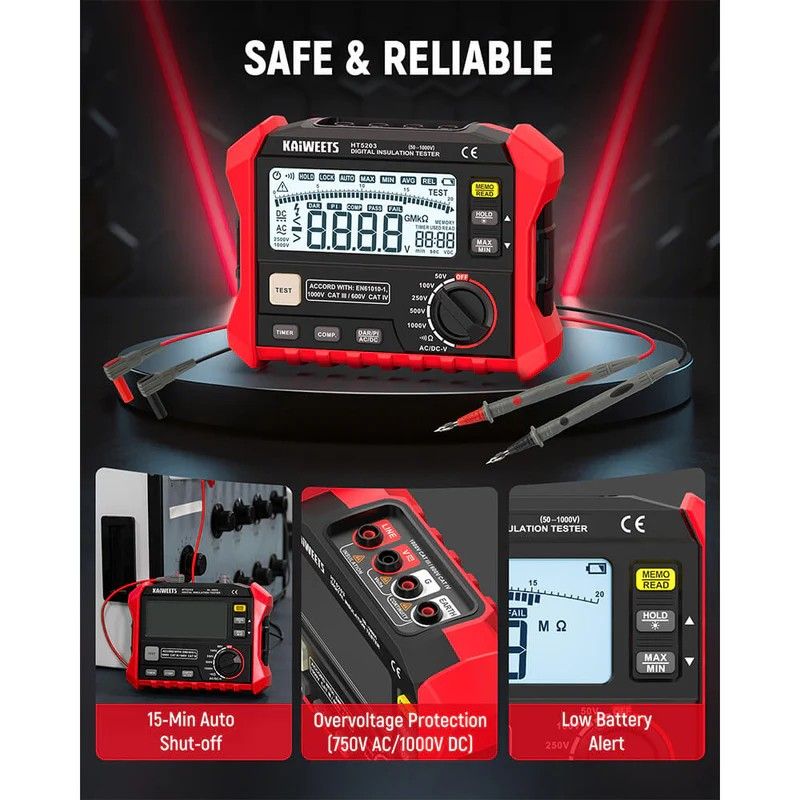 KAIWEETS Megohmmeter, Insulation Resistance Tester, Up to 100GΩ, 50V/100V/250V/500V/1000V, One-Touch DAR/PI, with AC/DC Voltage Testing for Motors, Solar, HVAC - Image 3