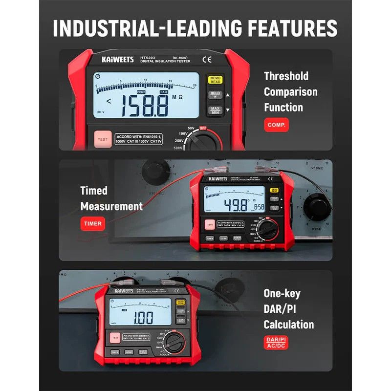 KAIWEETS Megohmmeter, Insulation Resistance Tester, Up to 100GΩ, 50V/100V/250V/500V/1000V, One-Touch DAR/PI, with AC/DC Voltage Testing for Motors, Solar, HVAC - Image 4
