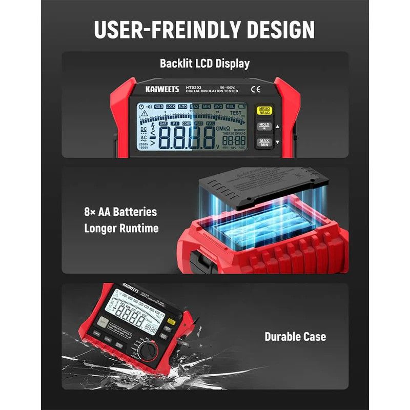 KAIWEETS Megohmmeter, Insulation Resistance Tester, Up to 100GΩ, 50V/100V/250V/500V/1000V, One-Touch DAR/PI, with AC/DC Voltage Testing for Motors, Solar, HVAC - Image 5