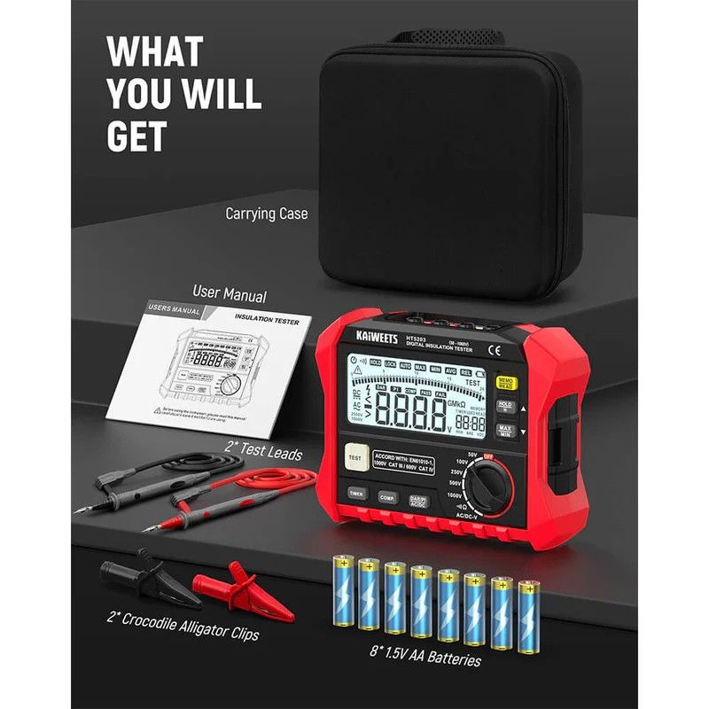 KAIWEETS Megohmmeter, Insulation Resistance Tester, Up to 100GΩ, 50V/100V/250V/500V/1000V, One-Touch DAR/PI, with AC/DC Voltage Testing for Motors, Solar, HVAC - Image 6