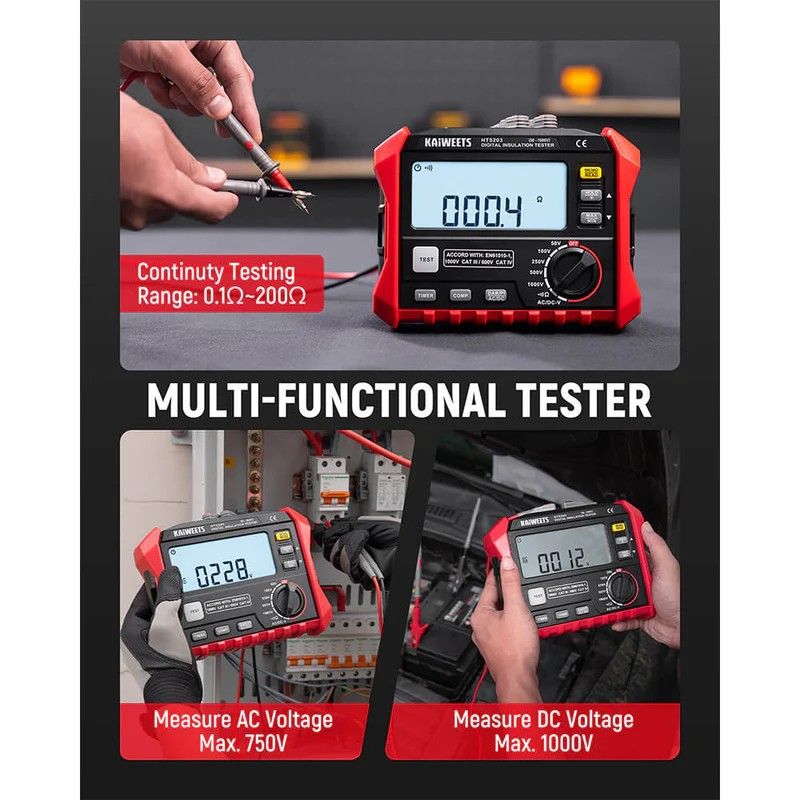KAIWEETS Megohmmeter, Insulation Resistance Tester, Up to 100GΩ, 50V/100V/250V/500V/1000V, One-Touch DAR/PI, with AC/DC Voltage Testing for Motors, Solar, HVAC - Image 8