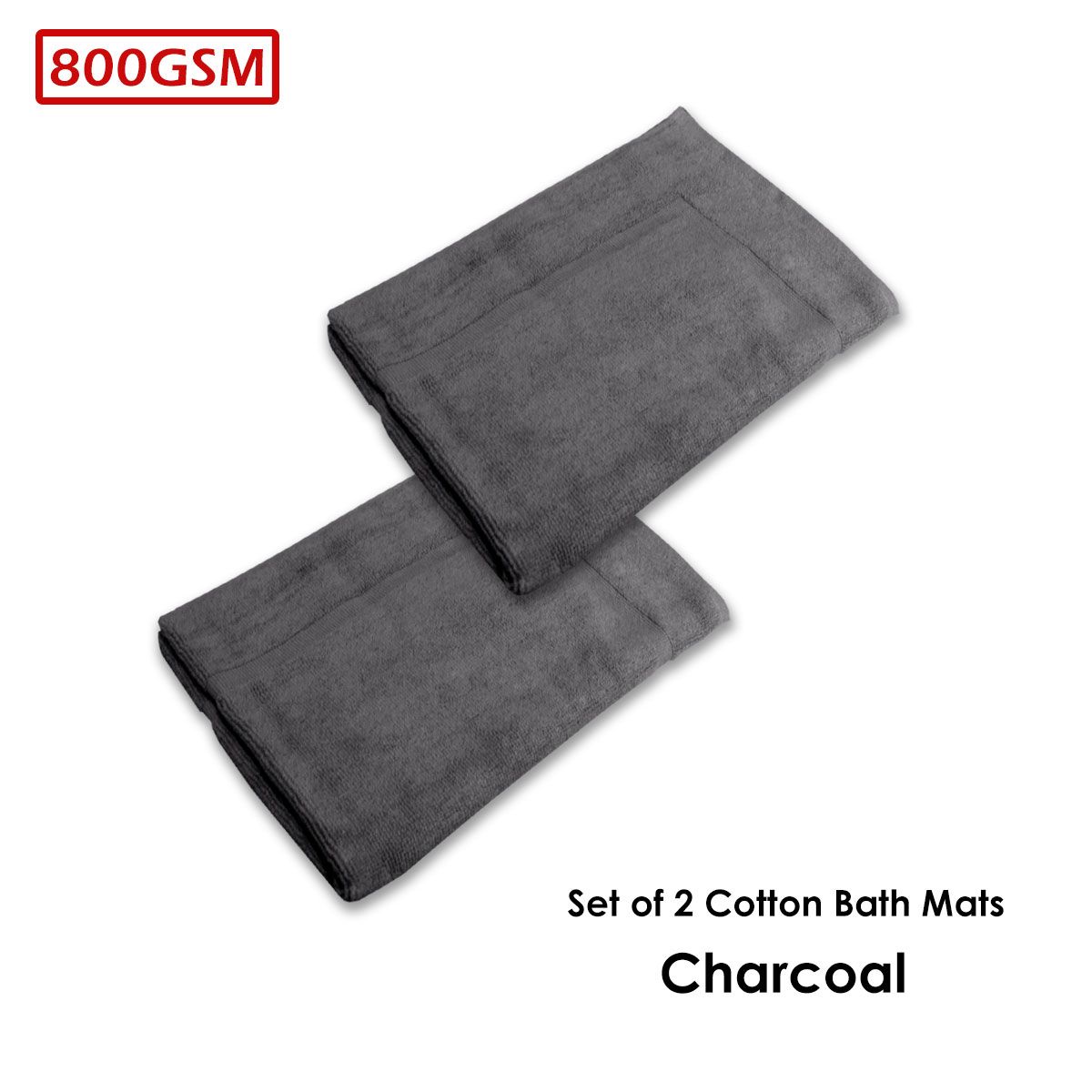 800GSM Set of 2 Cotton Bath Mats 50 x 70 cm Charcoal - Image 2