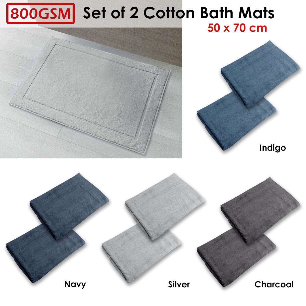 800GSM Set of 2 Cotton Bath Mats 50 x 70 cm Charcoal - Image 3