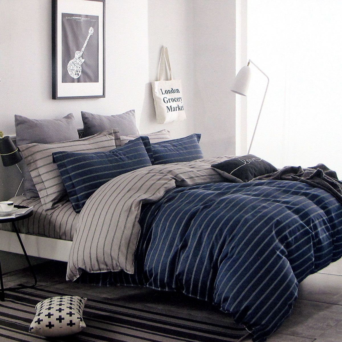 300TC Brian Navy Striped Reversible Cotton Quilt Cover Set Queen - Image 1
