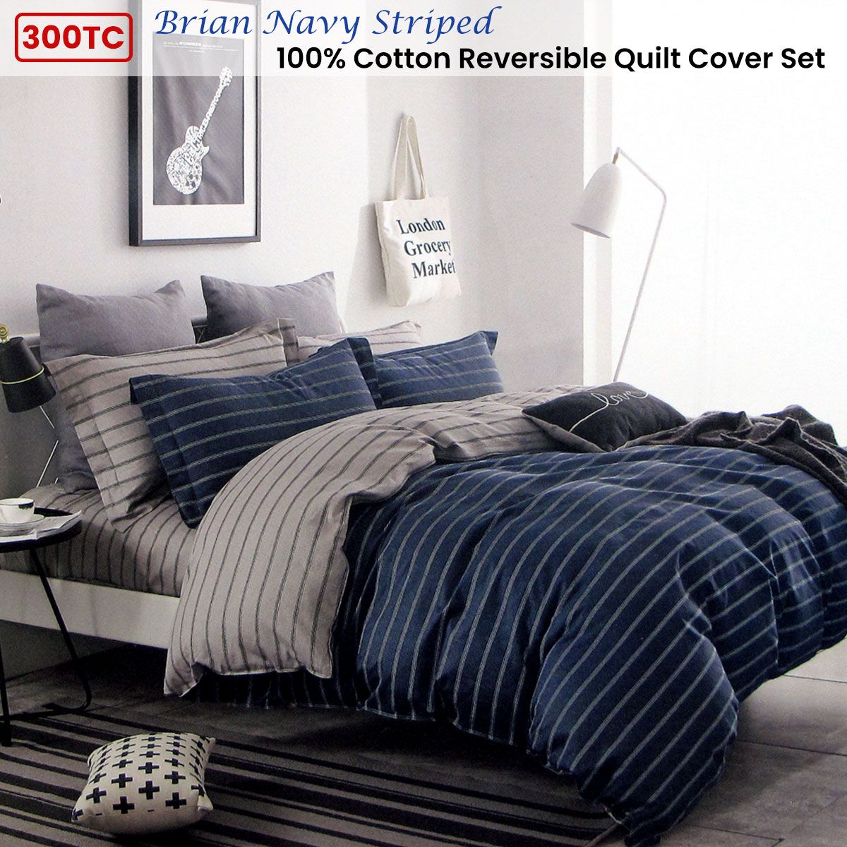 300TC Brian Navy Striped Reversible Cotton Quilt Cover Set Queen - Image 2