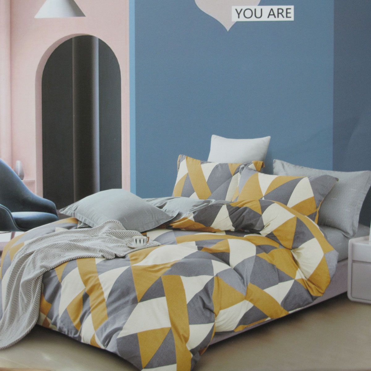 300TC Geo Mustard Reversible Cotton Geometric Quilt Cover Set Queen - Image 1