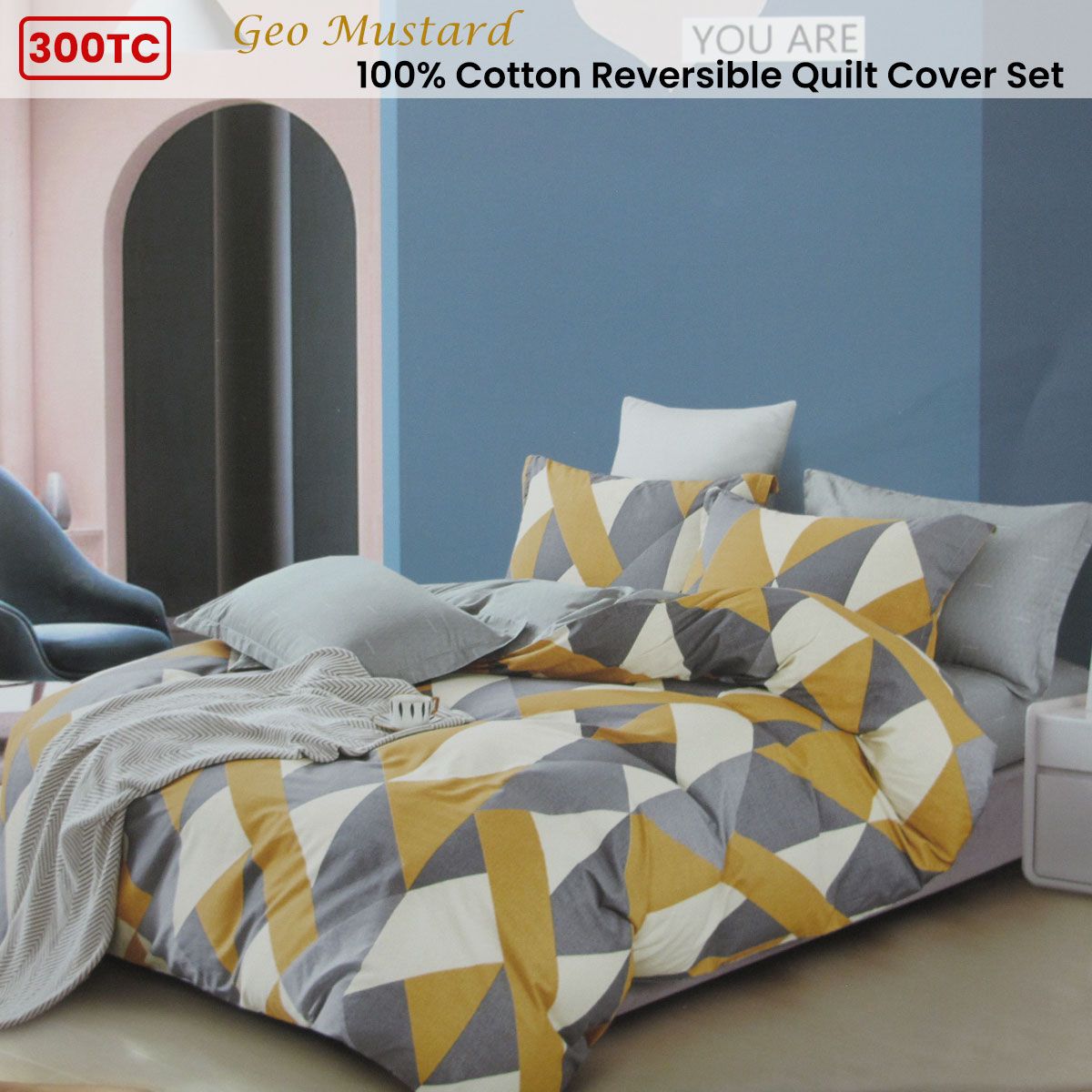 300TC Geo Mustard Reversible Cotton Geometric Quilt Cover Set Queen - Image 2