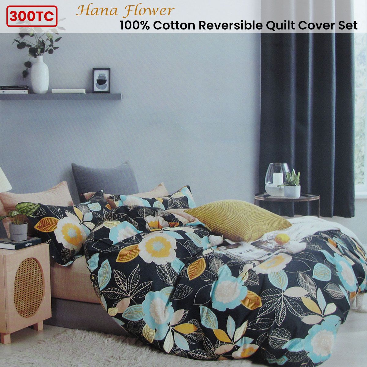 300TC Hana Flower Multi Reversible Cotton Floral Quilt Cover Set Queen - Image 2