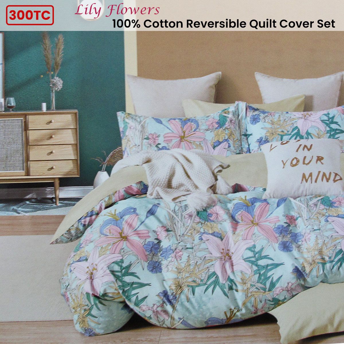 300TC Lily Flowers Multi Reversible Cotton Floral Quilt Cover Set Queen - Image 2