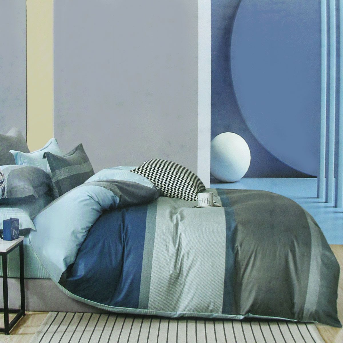 300TC Simon Teal Reversible Cotton Stripes Quilt Cover Set Queen - Image 1