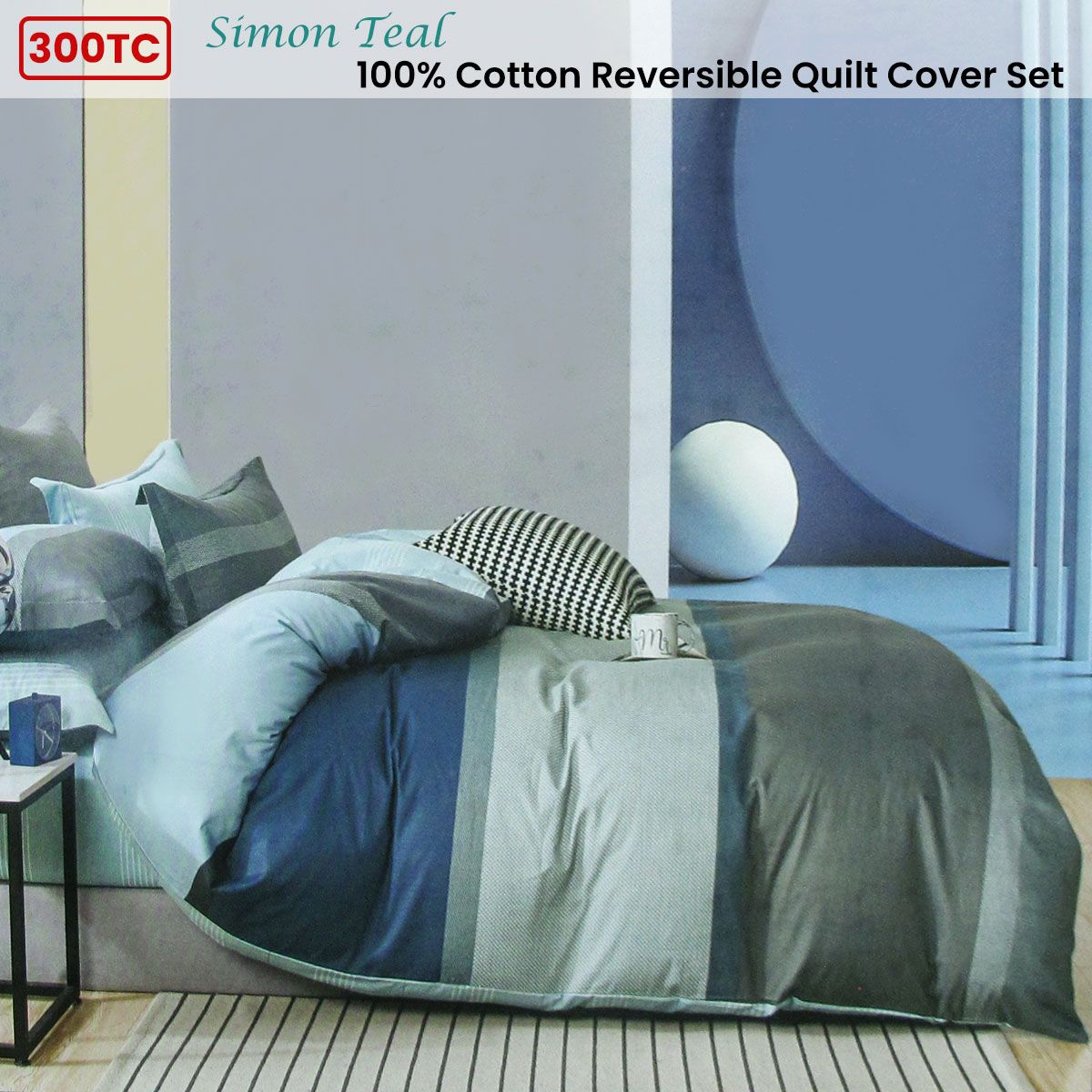 300TC Simon Teal Reversible Cotton Stripes Quilt Cover Set Queen - Image 2