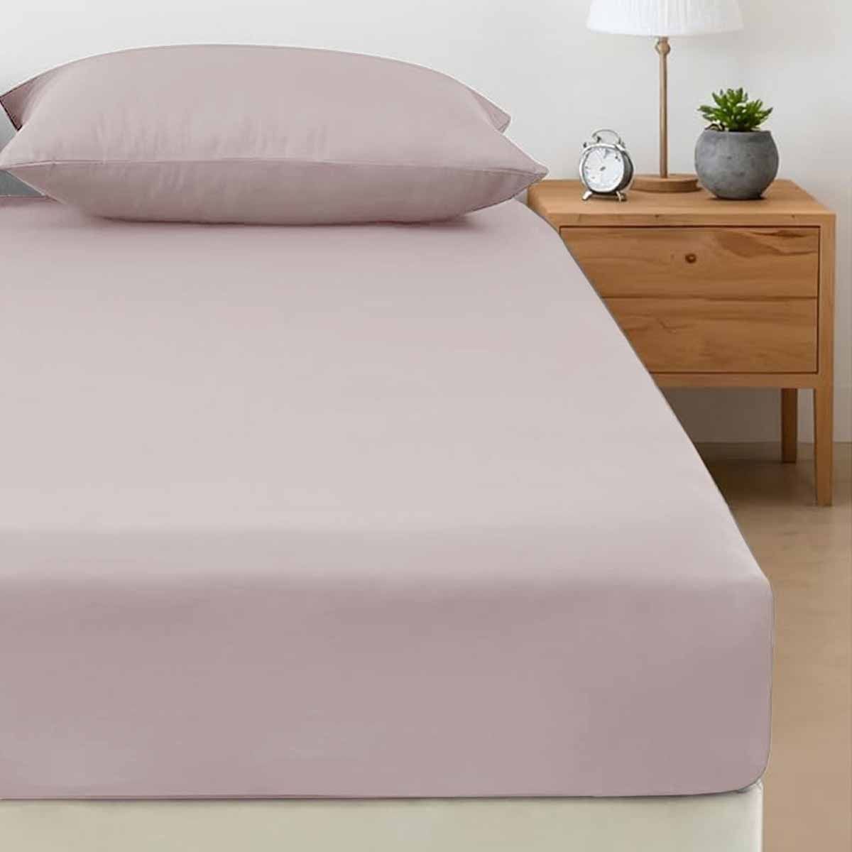 400TC Bamboo Cotton Fitted Sheet with Pillowcase Set Long Single Size 40cm Wall Dusty Pink - Image 1