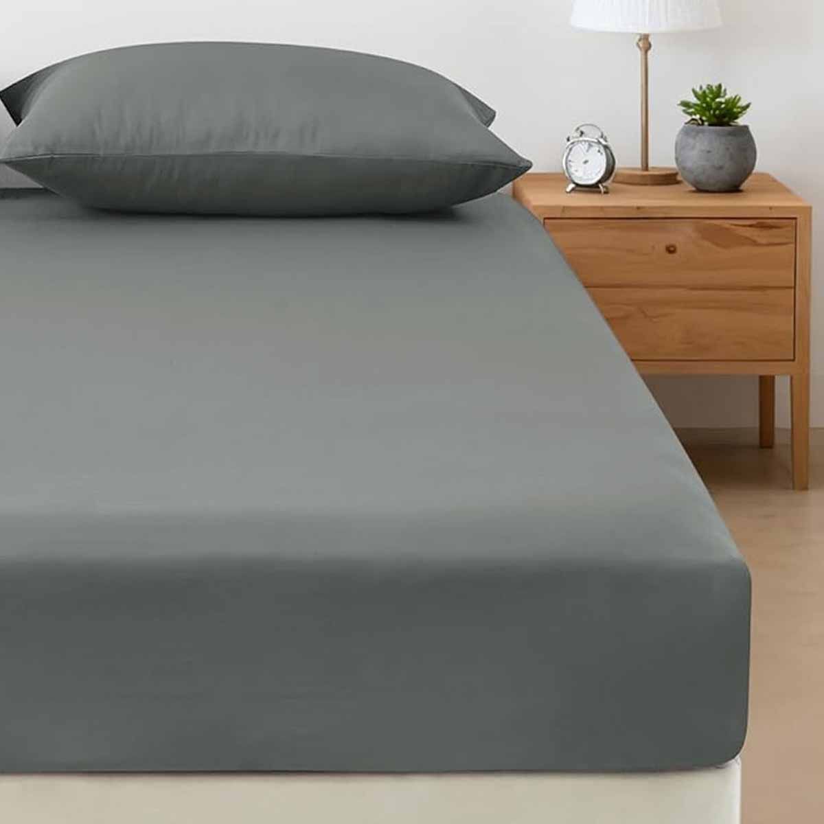 400TC Bamboo Cotton Fitted Sheet with Pillowcase Set Long Single Size 40cm Wall Grey - Image 1