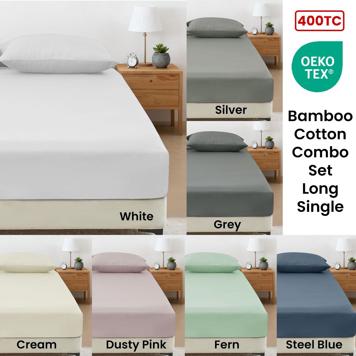 400TC Bamboo Cotton Fitted Sheet with Pillowcase Set Long Single Size 40cm Wall Grey - Image 2