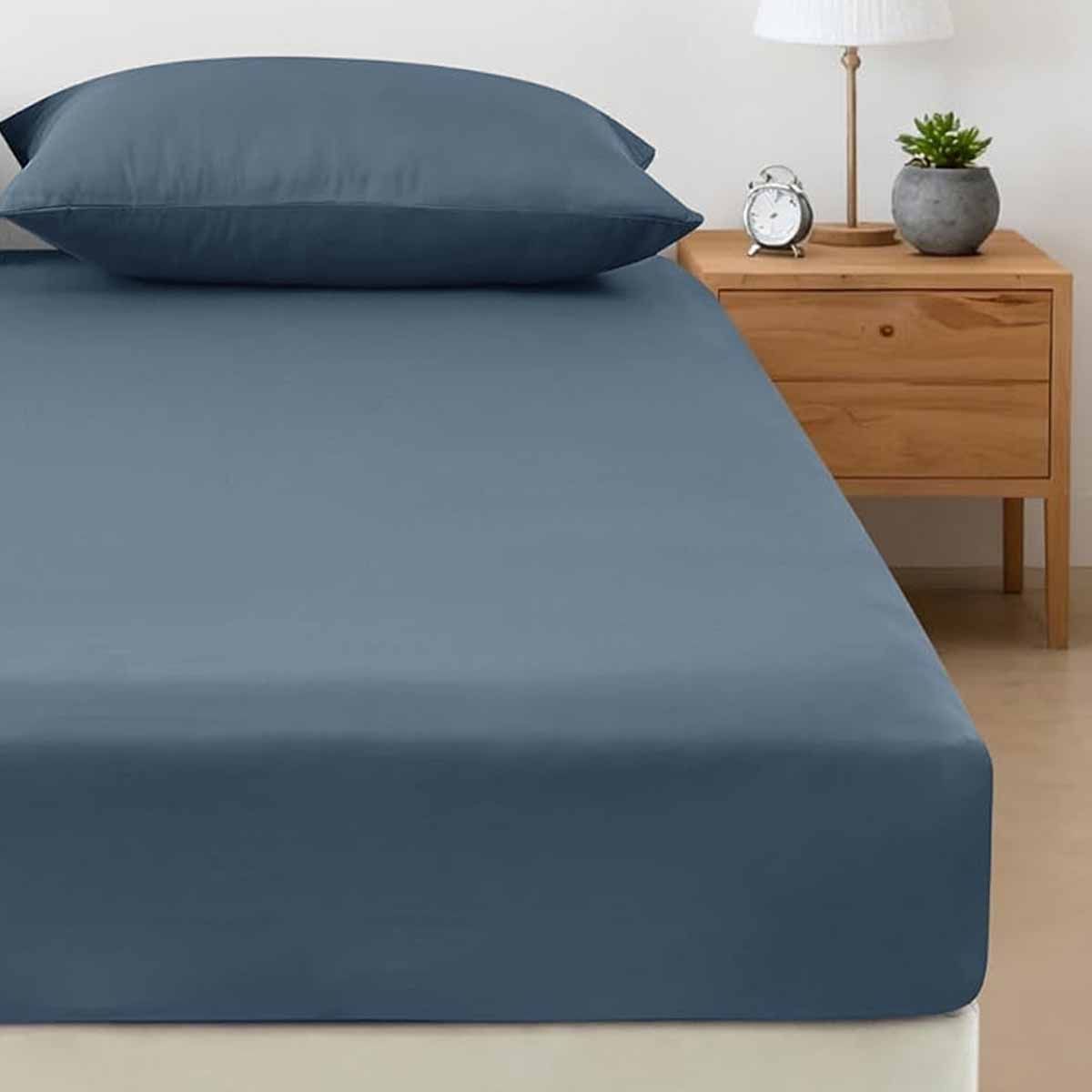 400TC Bamboo Cotton Fitted Sheet with Pillowcase Set Long Single Size 40cm Wall Steel Blue - Image 1