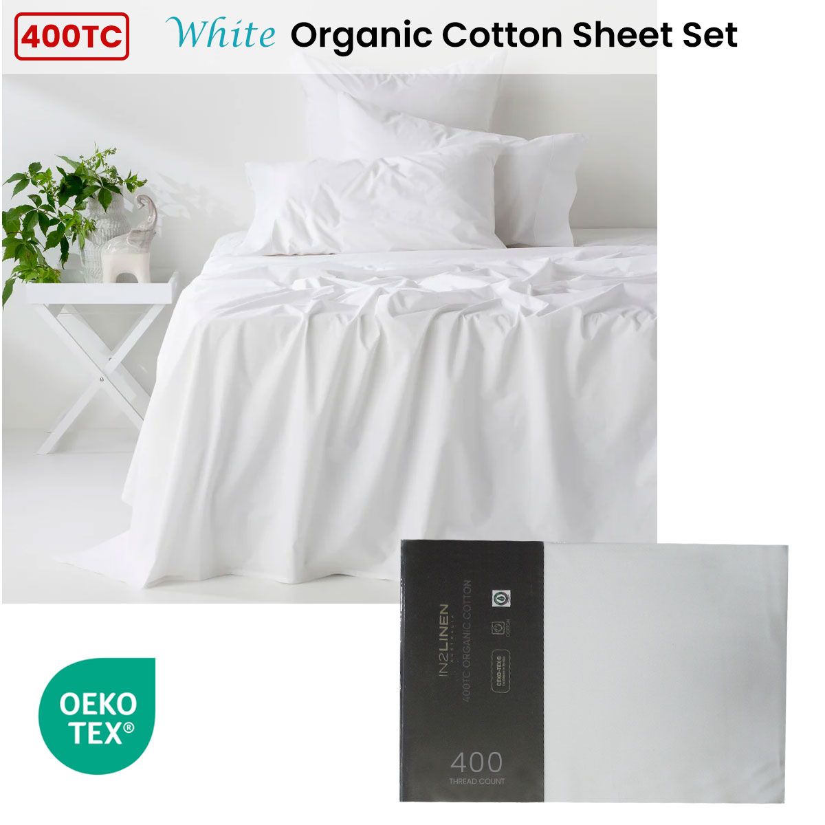 400TC Organic Cotton Premium White Sheet Set Long-Staple Commercial-Grade Durability Mega Queen - Image 2
