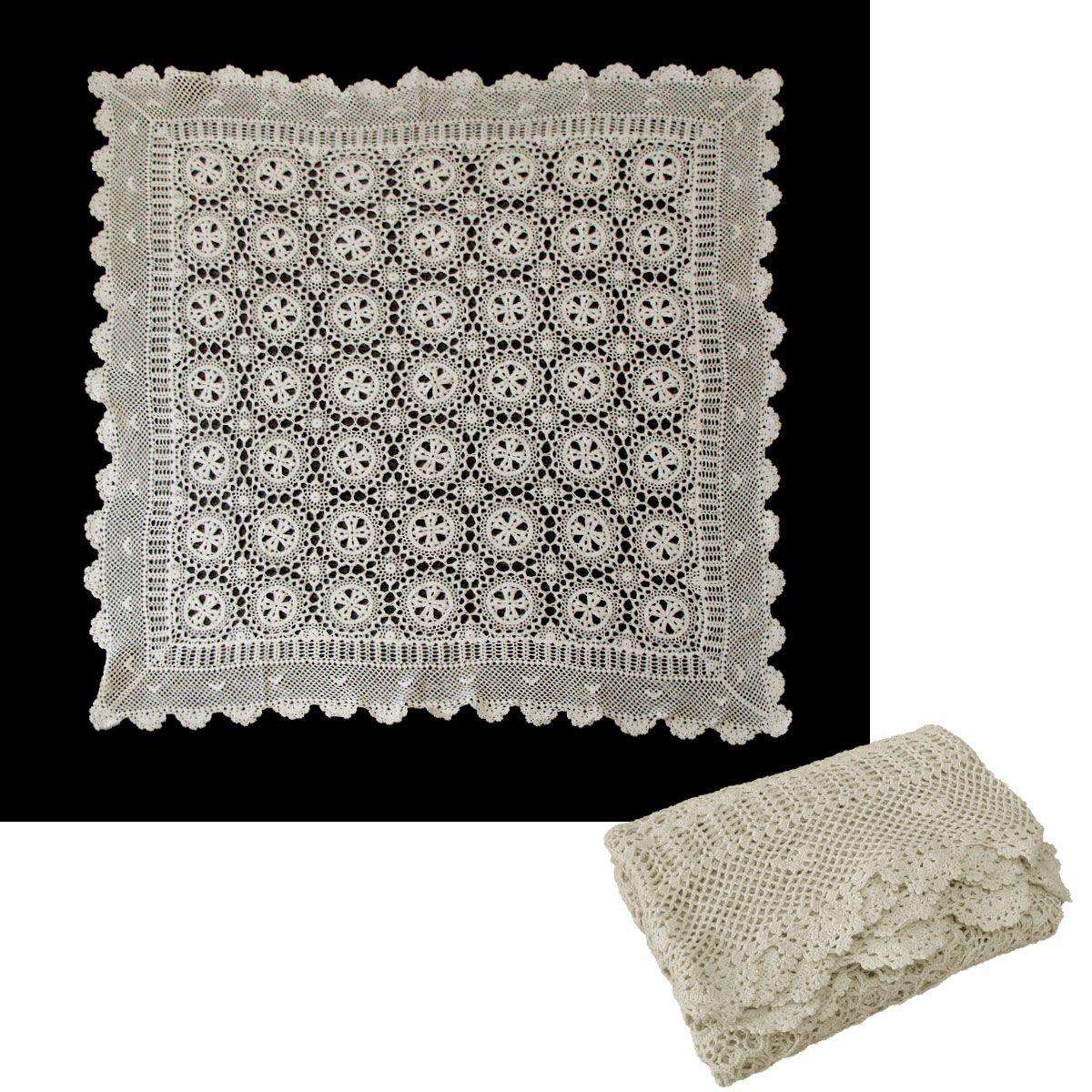 Linen Knitted Crochet Cotton Tablecloth Square 137 x 137cm Scalloped Edge 4-Seater - Image 2