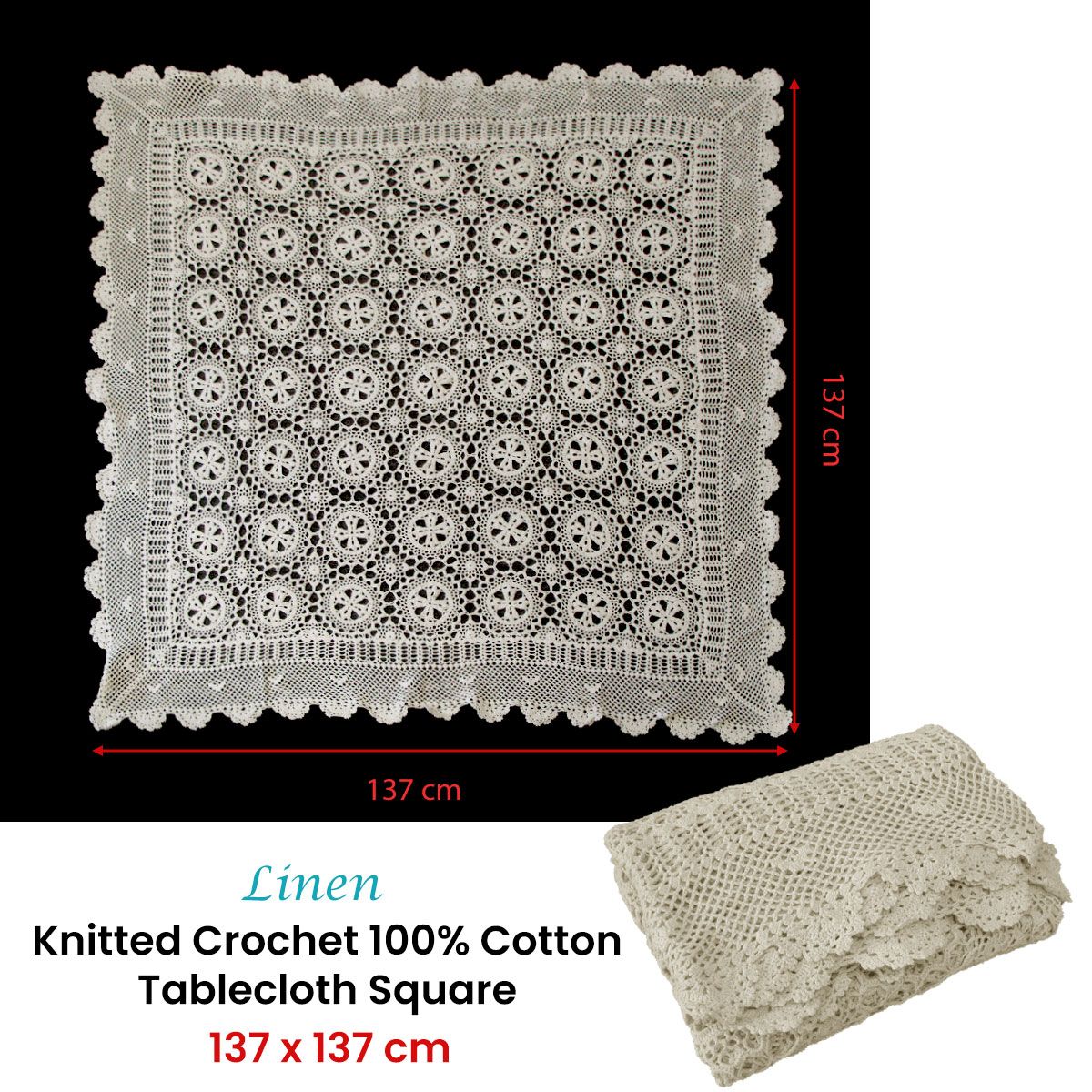 Linen Knitted Crochet Cotton Tablecloth Square 137 x 137cm Scalloped Edge 4-Seater - Image 3