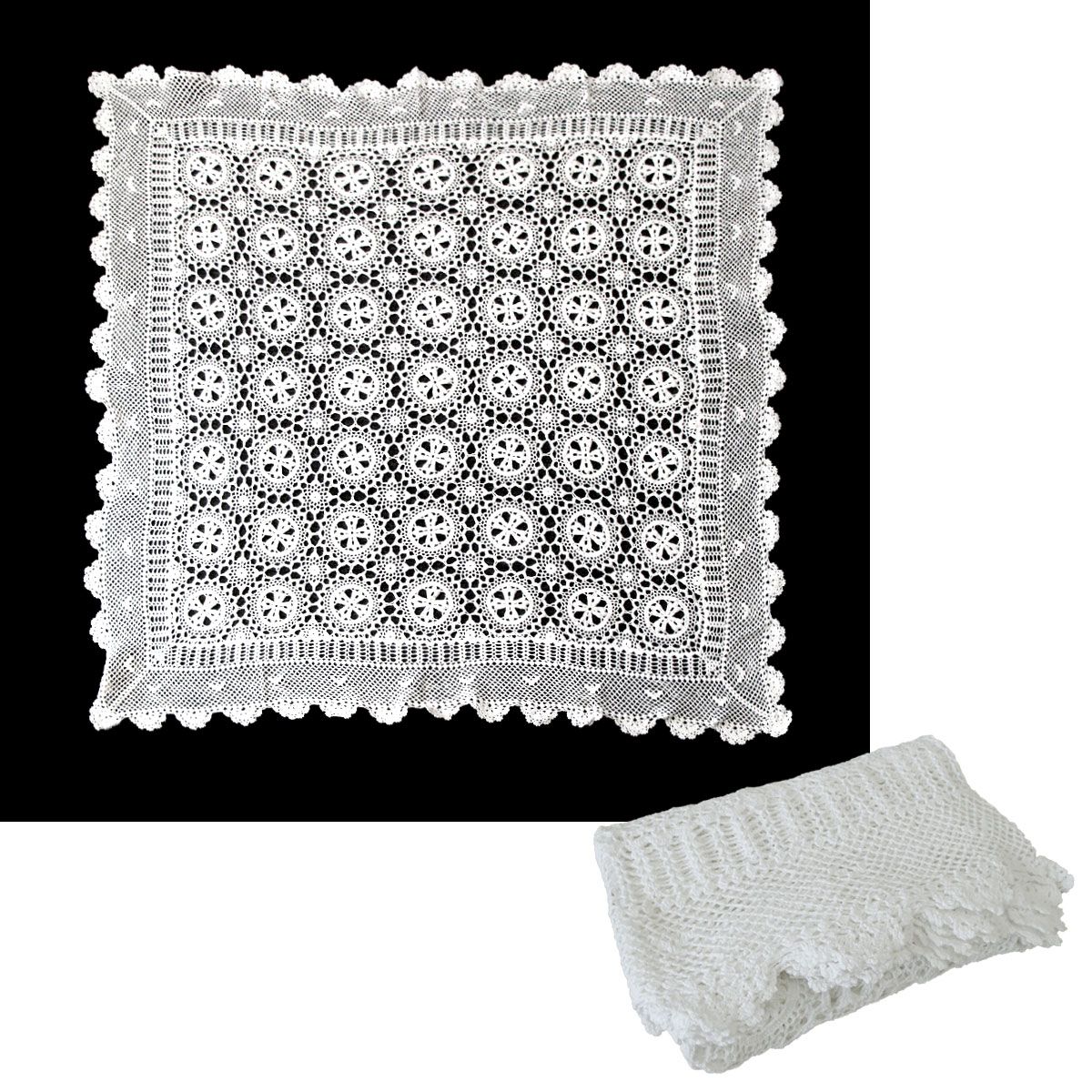 White Knitted Crochet Cotton Tablecloth Square 137 x 137 cm Scalloped Edging 4-Seater - Image 2
