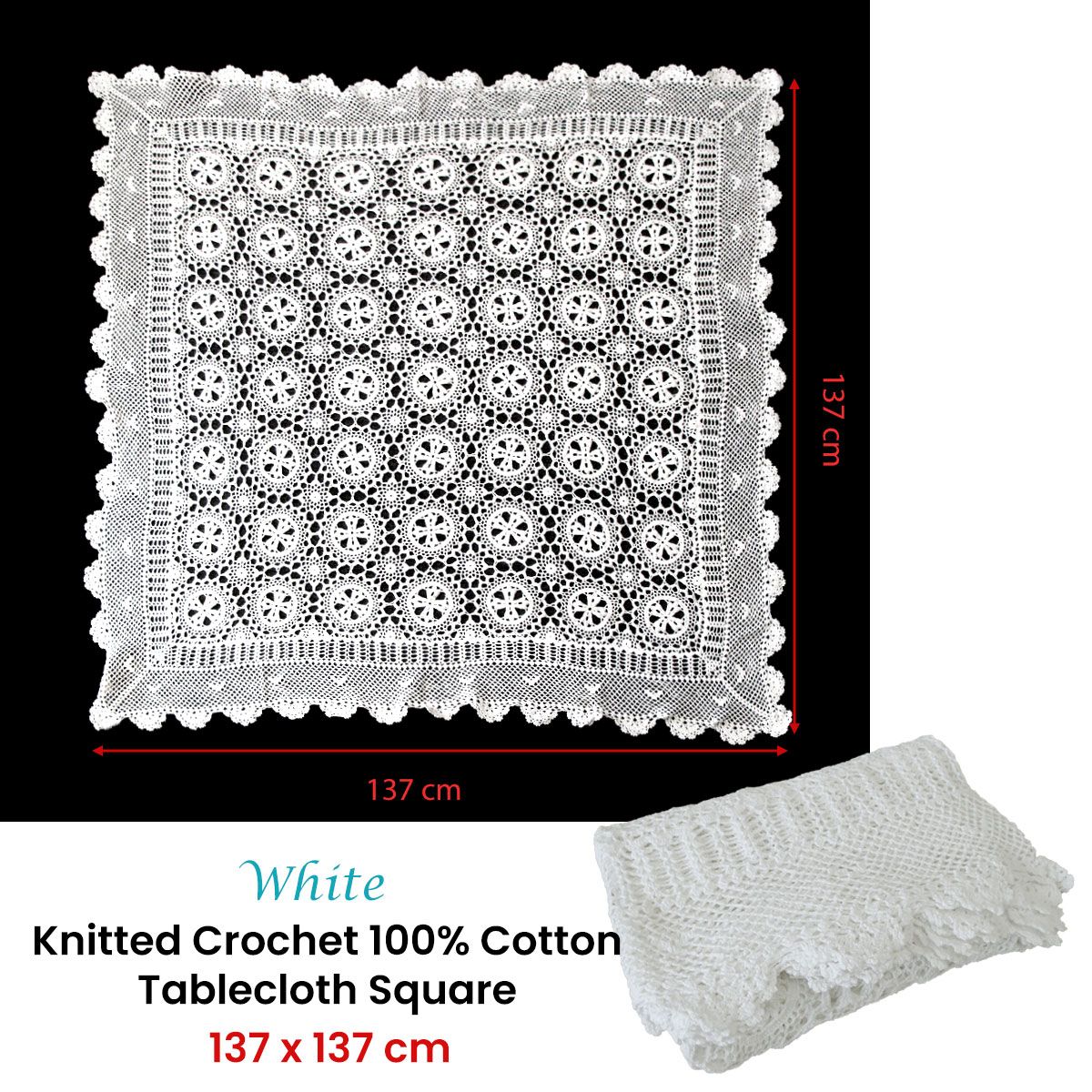 White Knitted Crochet Cotton Tablecloth Square 137 x 137 cm Scalloped Edging 4-Seater - Image 3