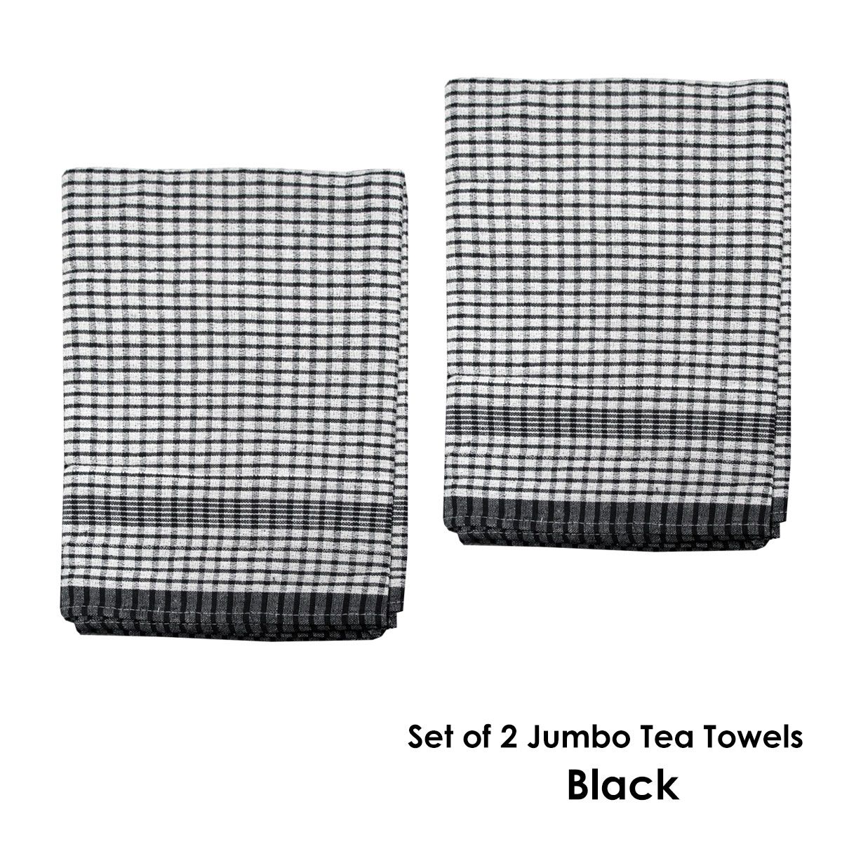 Hotel Living Set of 2 Jumbo Cotton Check Tea Towels 60x90cm Black - Image 2