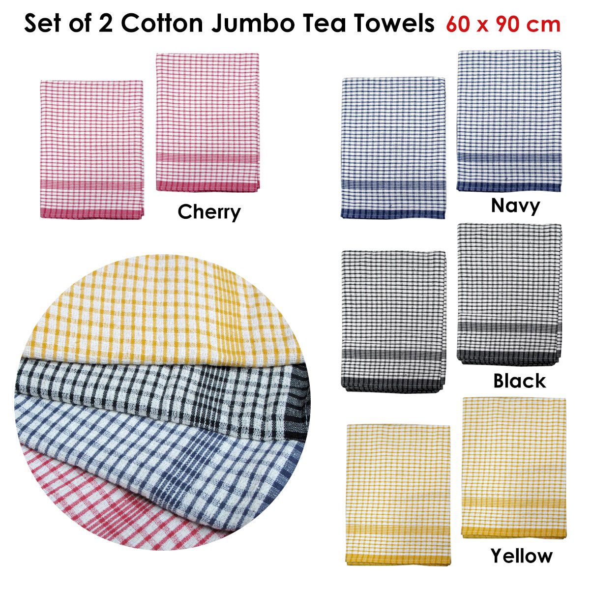Hotel Living Set of 2 Jumbo Cotton Check Tea Towels 60x90cm Black - Image 3