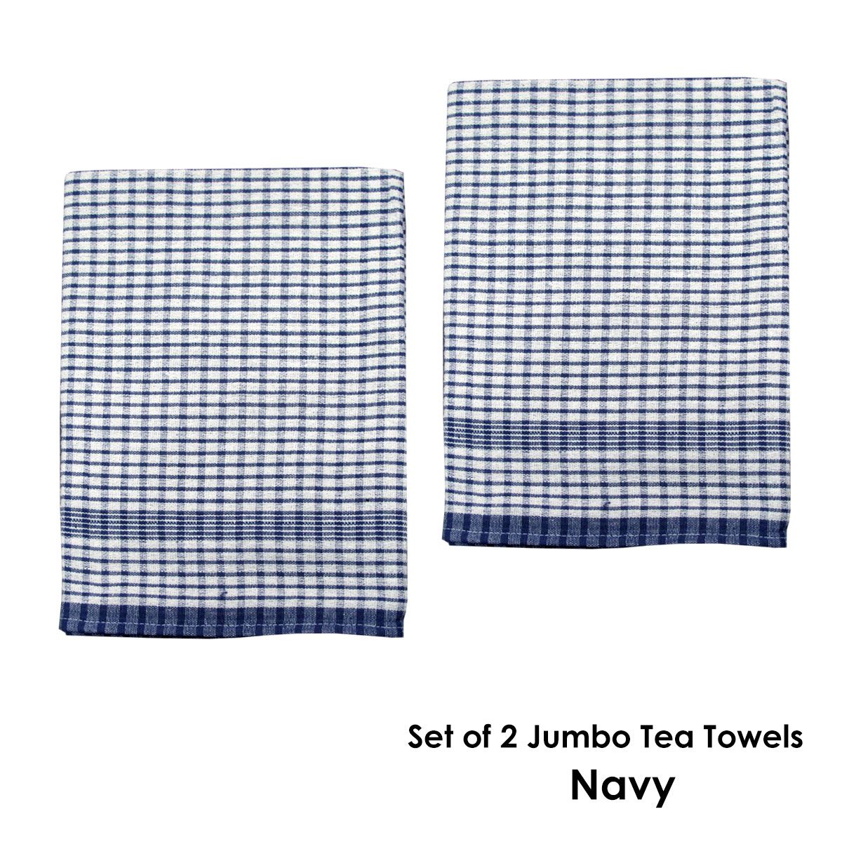Hotel Living Set of 2 Jumbo Cotton Check Tea Towels 60x90cm Navy - Image 2