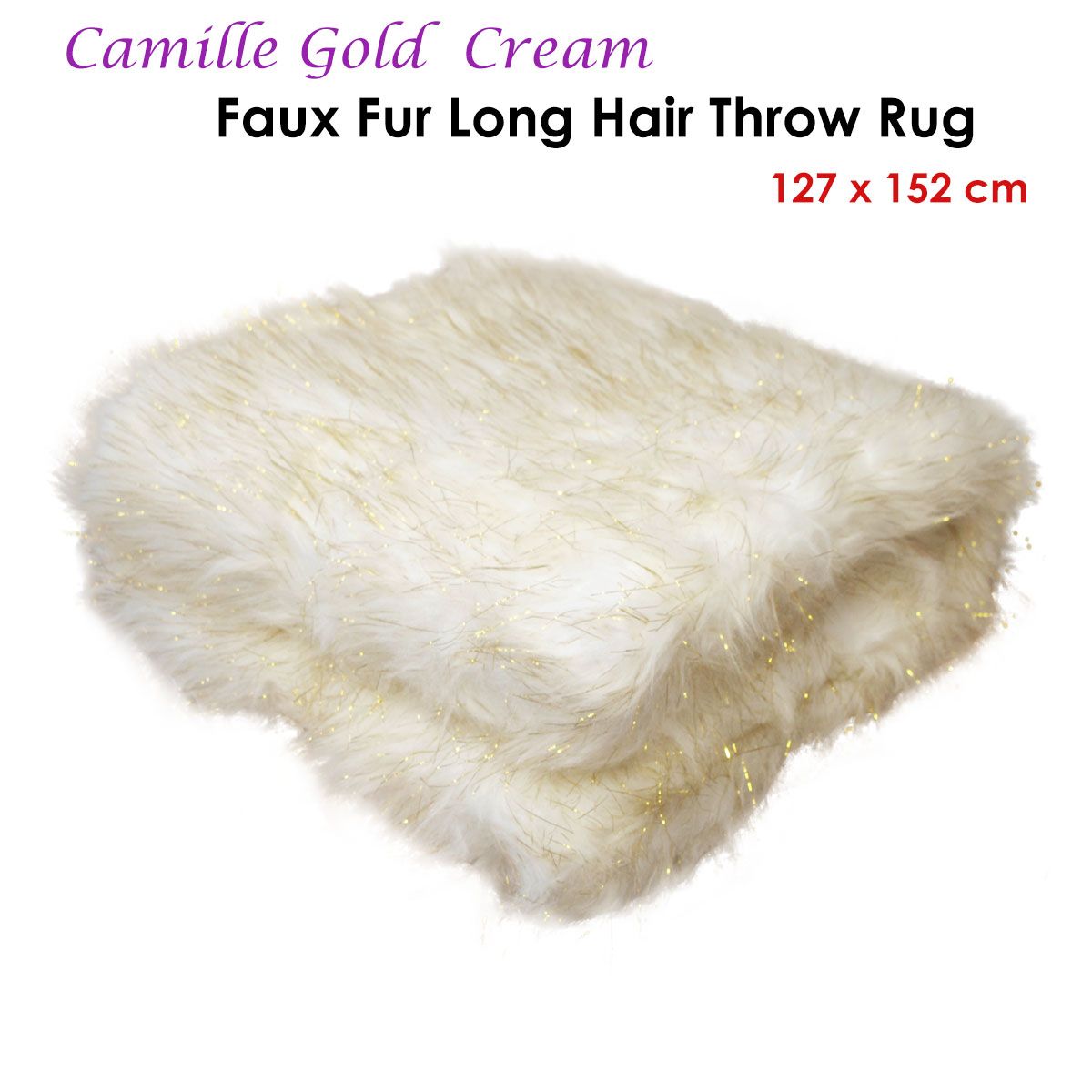 Camille Gold Cream Faux Fur Throw Rug 127 x 152 cm - Image 2