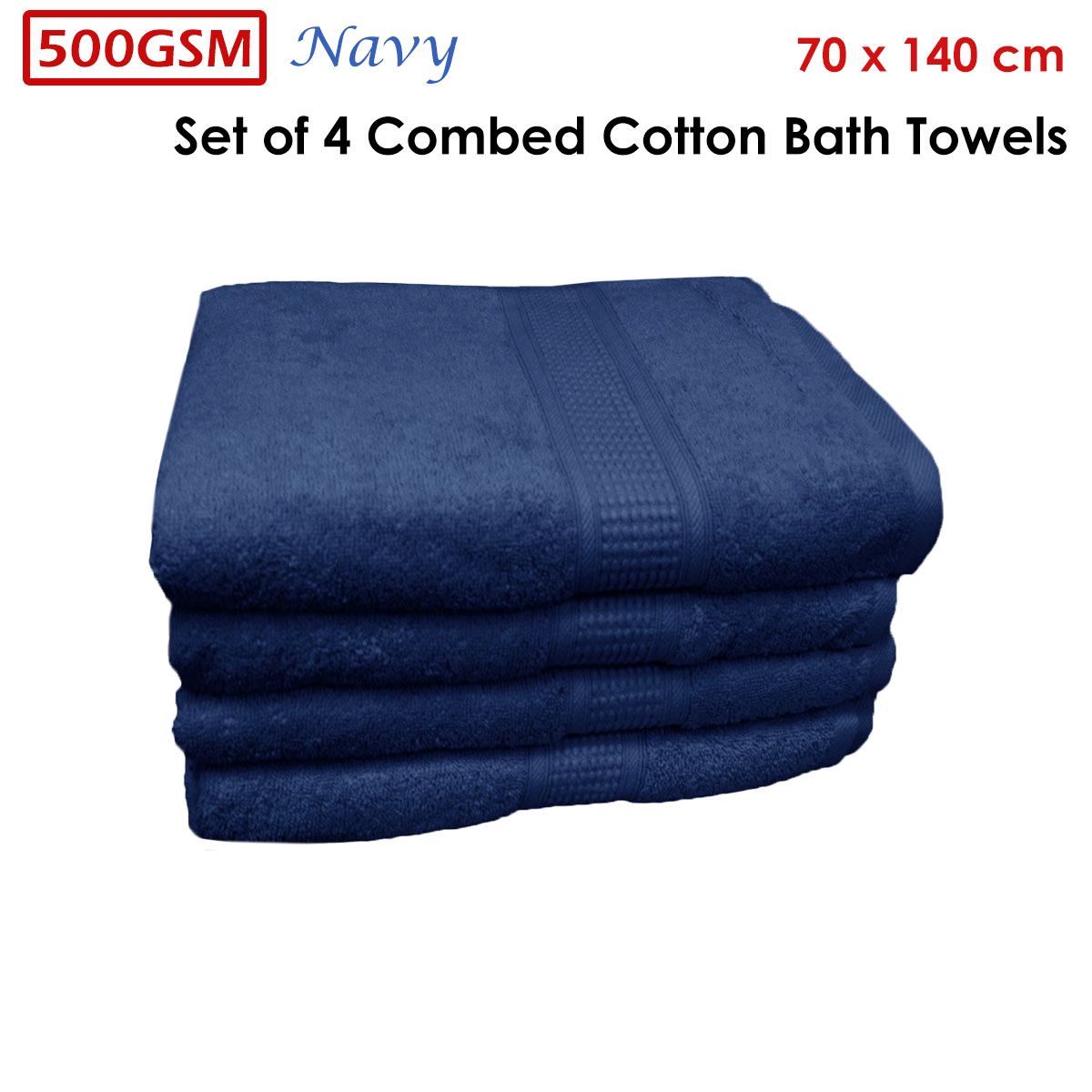 500GSM Set of 4 Combed Cotton Bath Towels Navy 70 x 140 cm - Image 2