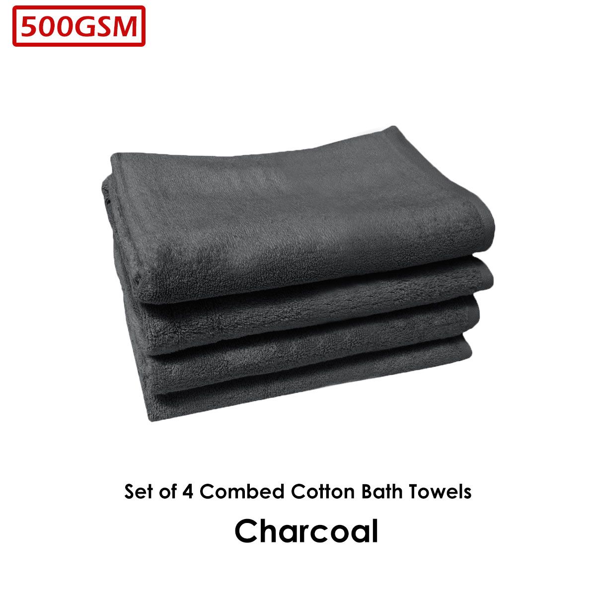 500GSM Set of 4 Combed Cotton Bath Towels Plain 70 x 140 cm Plain Charcoal - Image 2