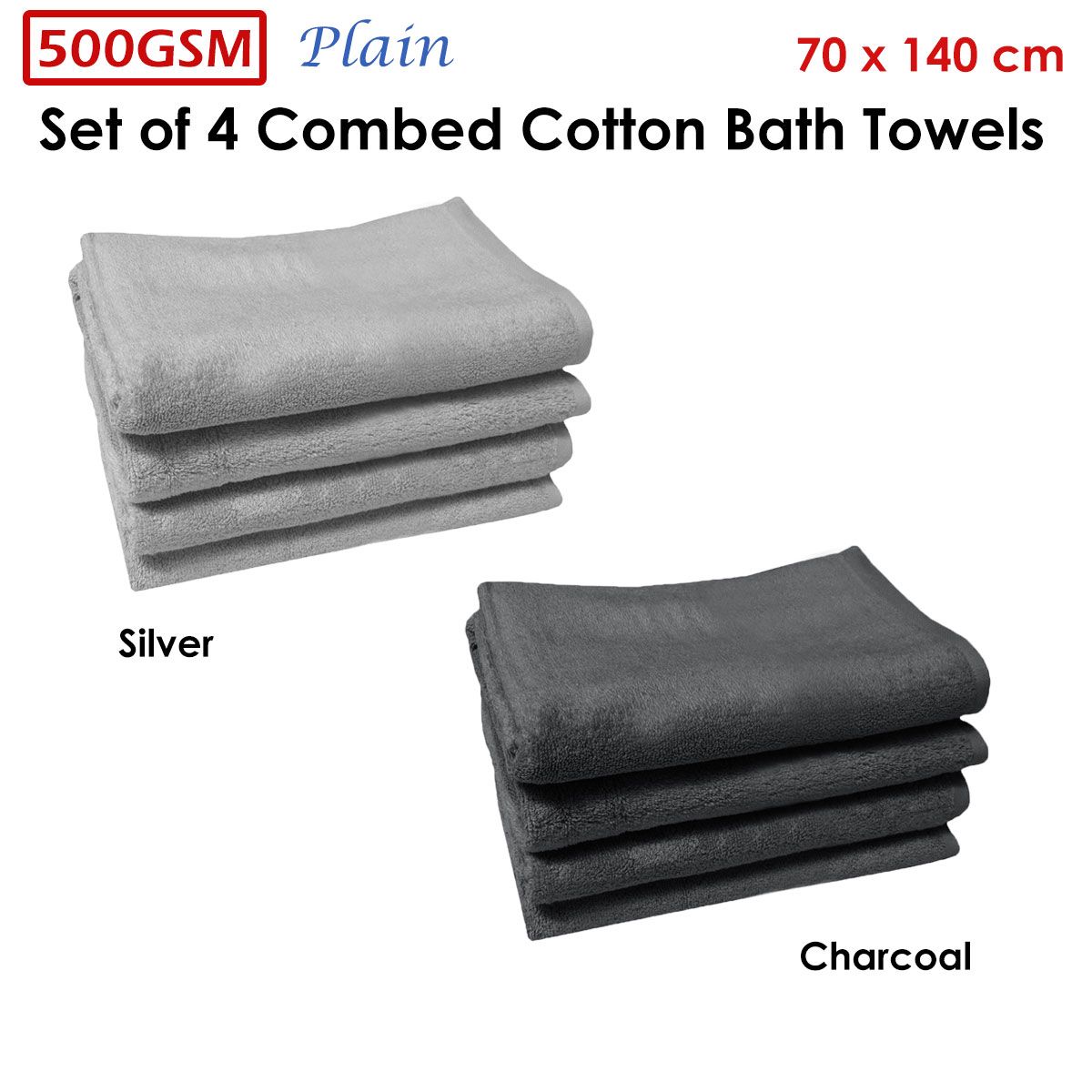 500GSM Set of 4 Combed Cotton Bath Towels Plain 70 x 140 cm Plain Charcoal - Image 3
