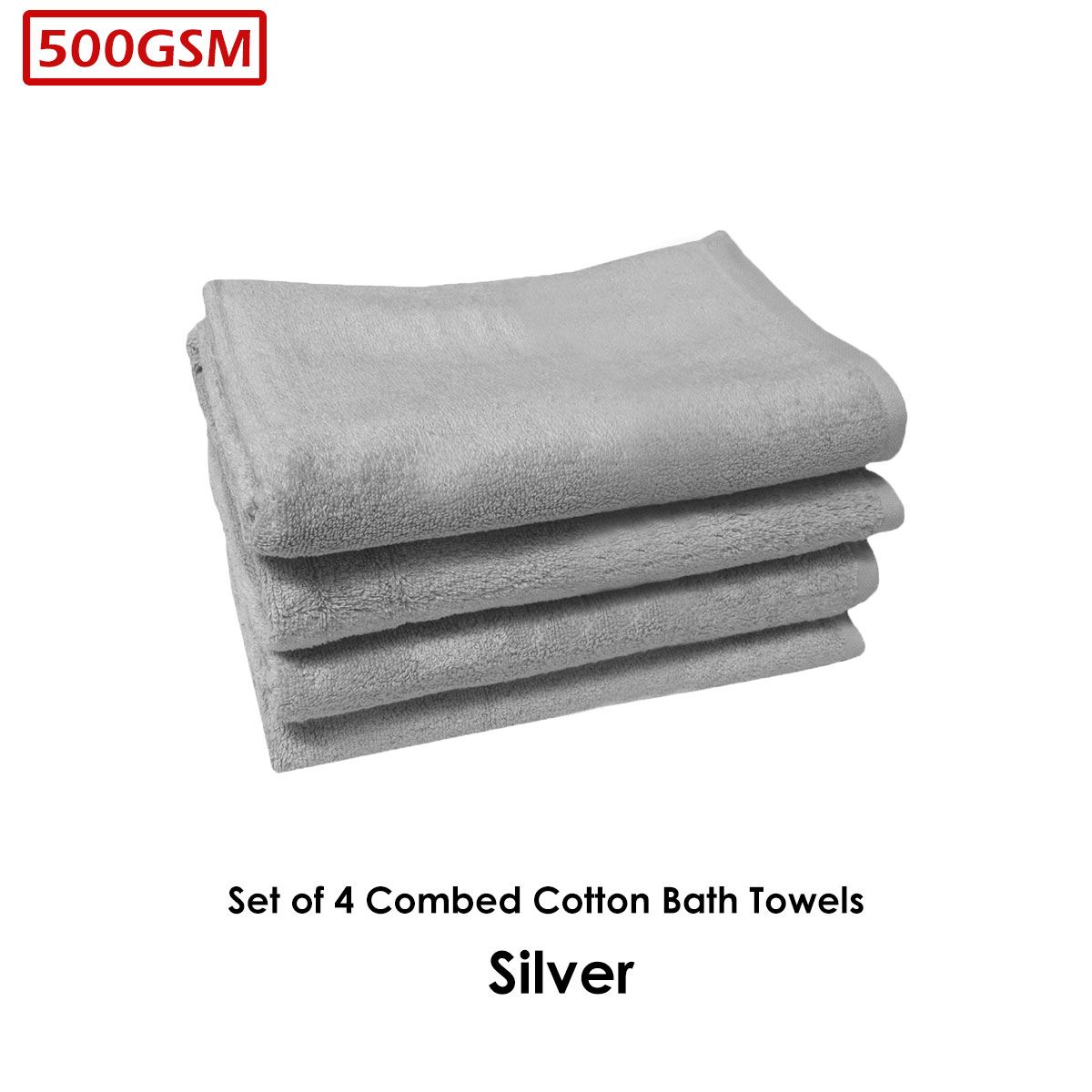 500GSM Set of 4 Combed Cotton Bath Towels Plain 70 x 140 cm Plain Silver - Image 2