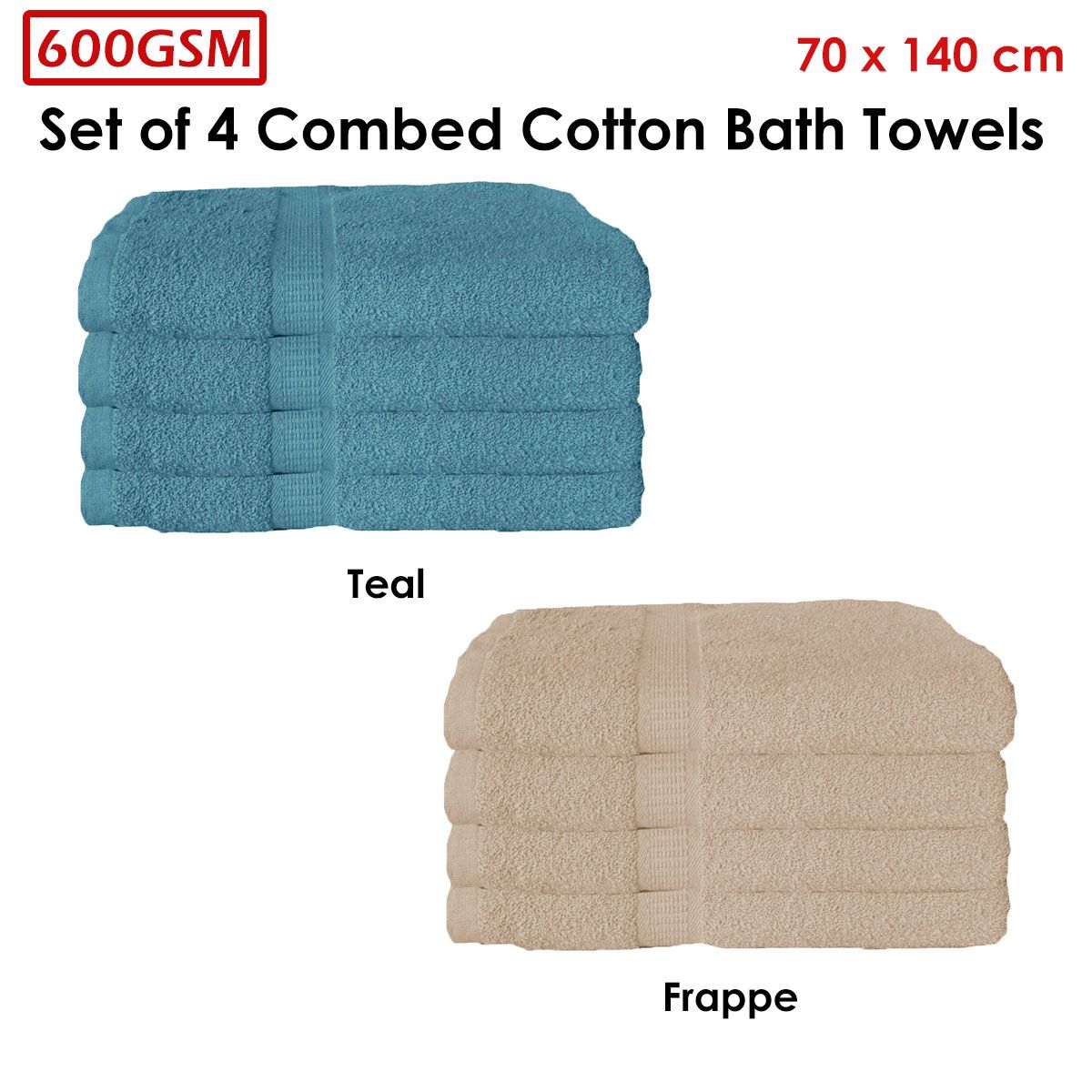 600GSM Set of 4 Combed Cotton Bath Towels 70 x 140 cm Latte (aka Frappe) - Image 3