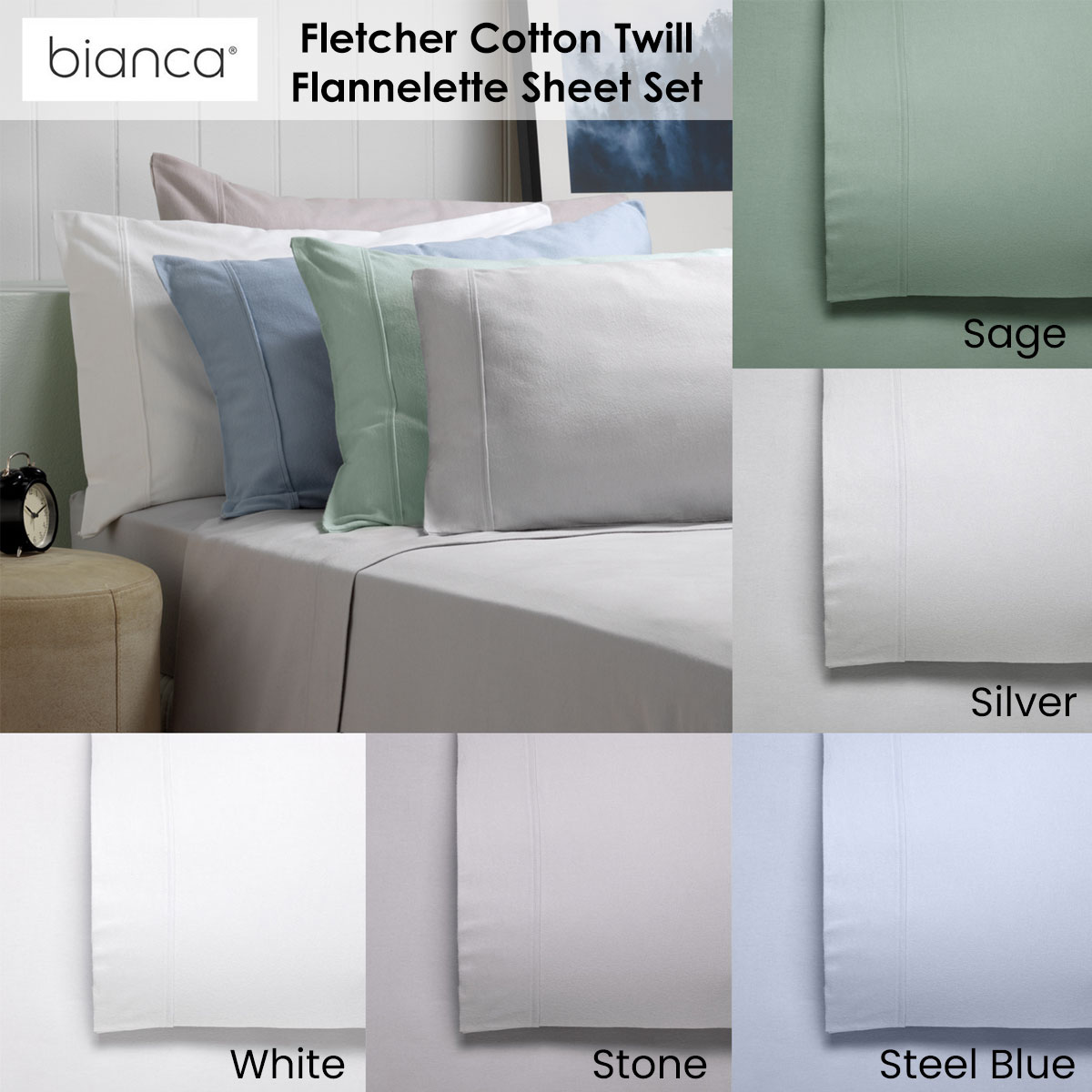 Bianca Fletcher Flannelette Cotton Sheet Set Sage Super King - Image 2