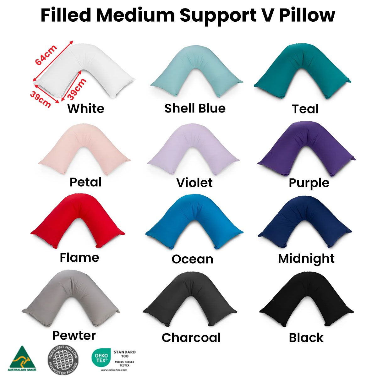 Easyrest Aus Made Medium Support Filled V Shape Pillow 64 x 39 cm Teal - Image 2