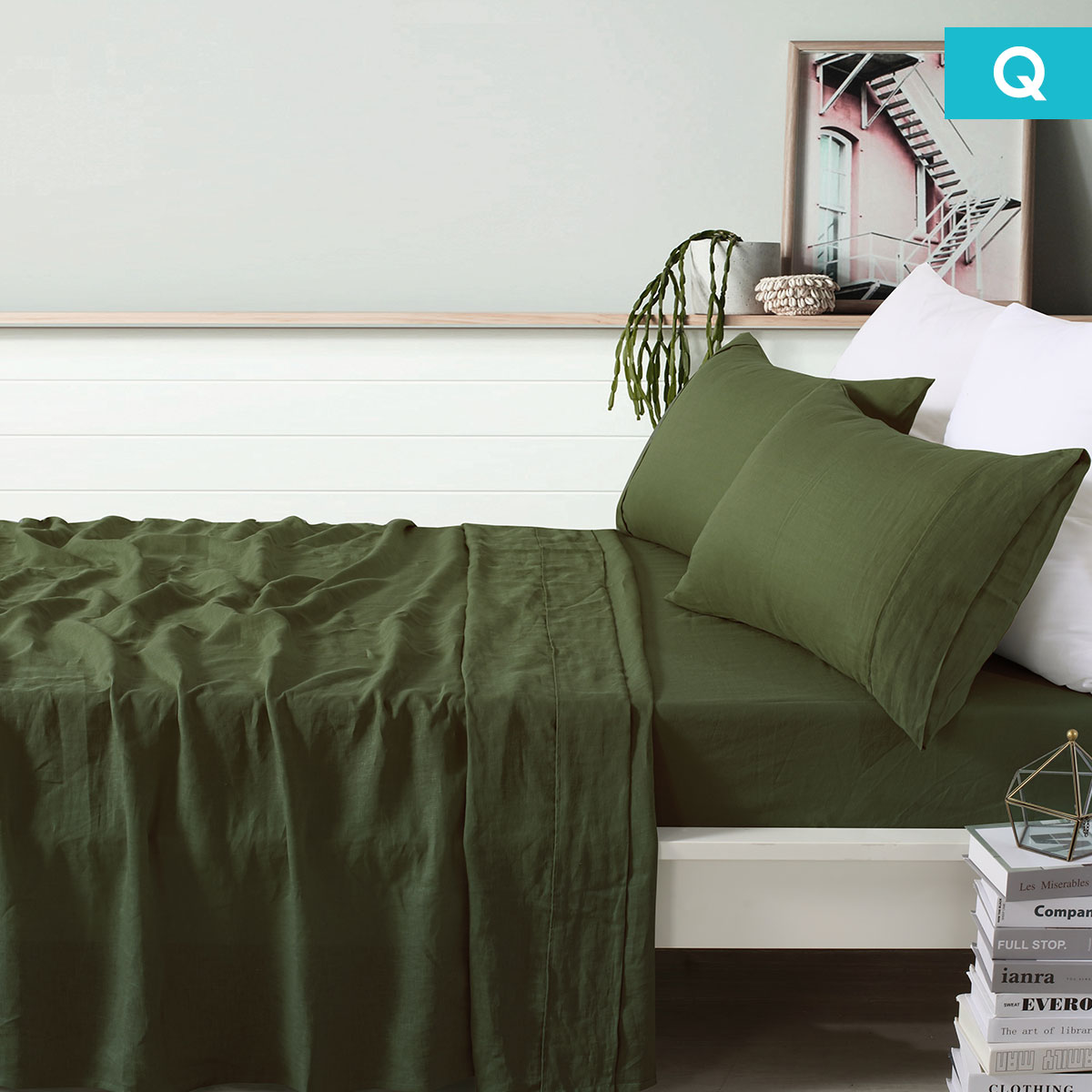 Vintage Design Homewares 100% Linen Olive Sheet Set Queen - Image 1