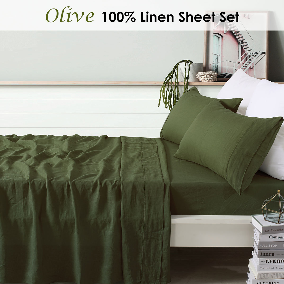 Vintage Design Homewares 100% Linen Olive Sheet Set Queen - Image 2
