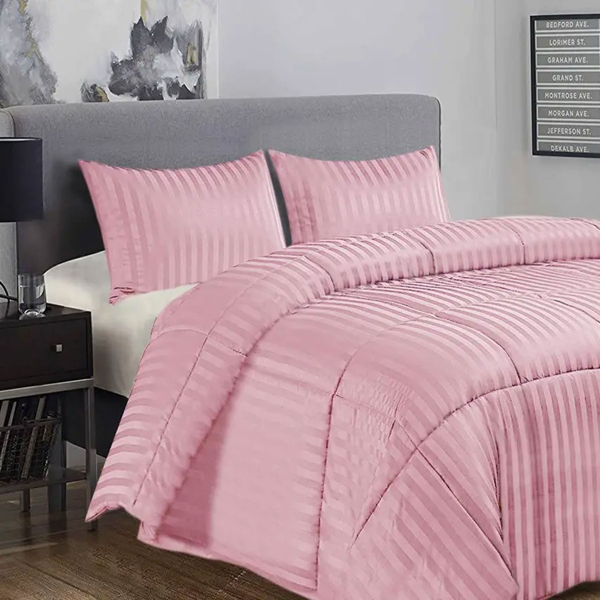 Ramesses 3 Piece Damask Stripe Comforter Set King Pink - Image 1