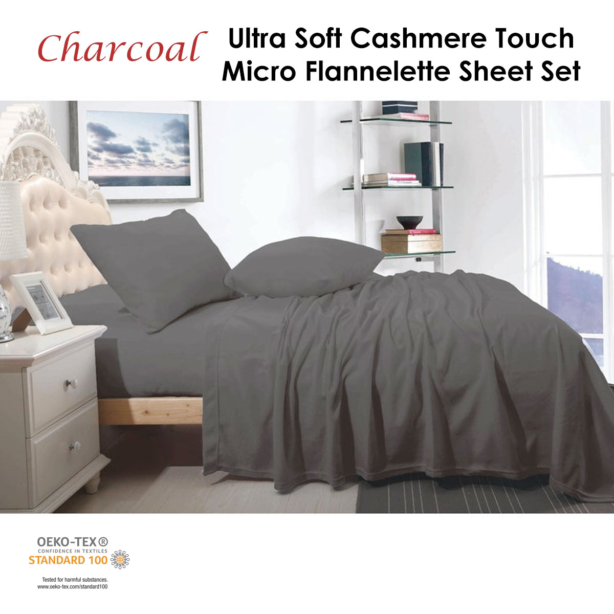 Shangri La Cashmere Touch Micro Flannelette Sheet Set Charcoal King - Image 2