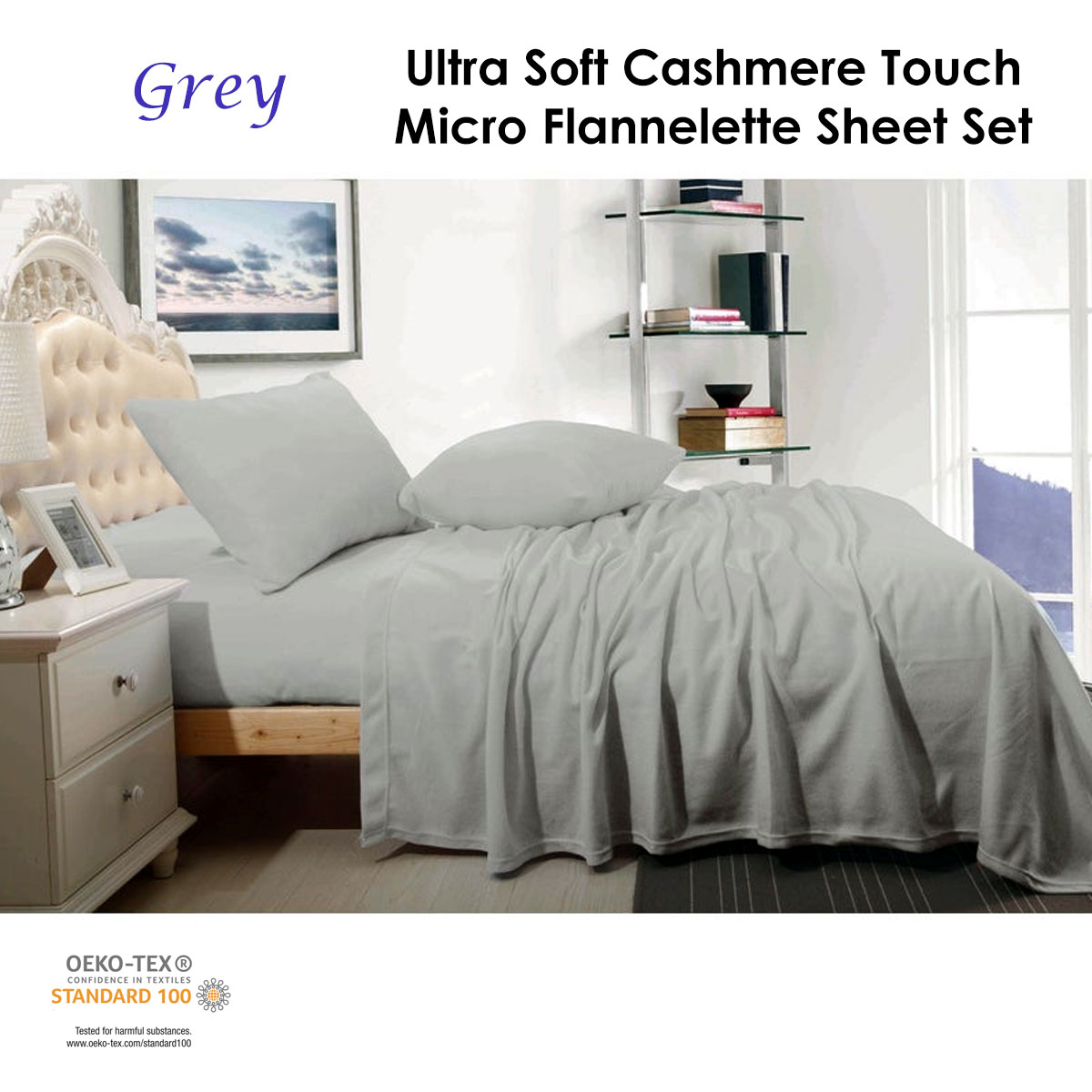 Shangri La Cashmere Touch Micro Flannelette Sheet Set Grey Single - Image 2