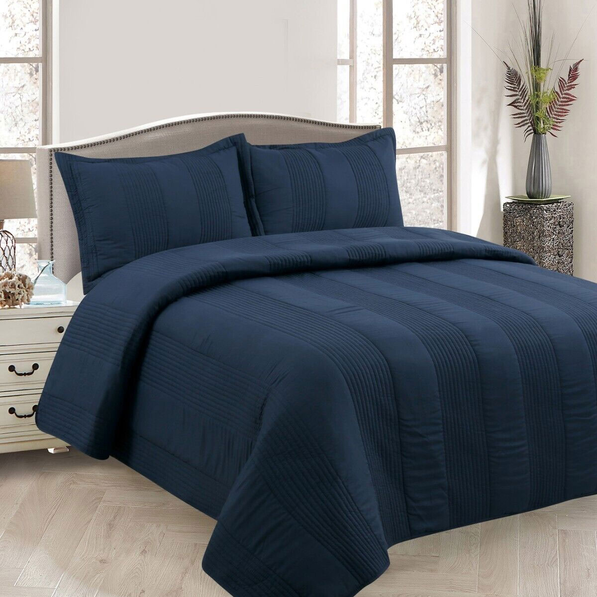 Lewis Navy 3 Pce Lightly Quilted Polyester Cotton Coverlet Set Queen - Image 1