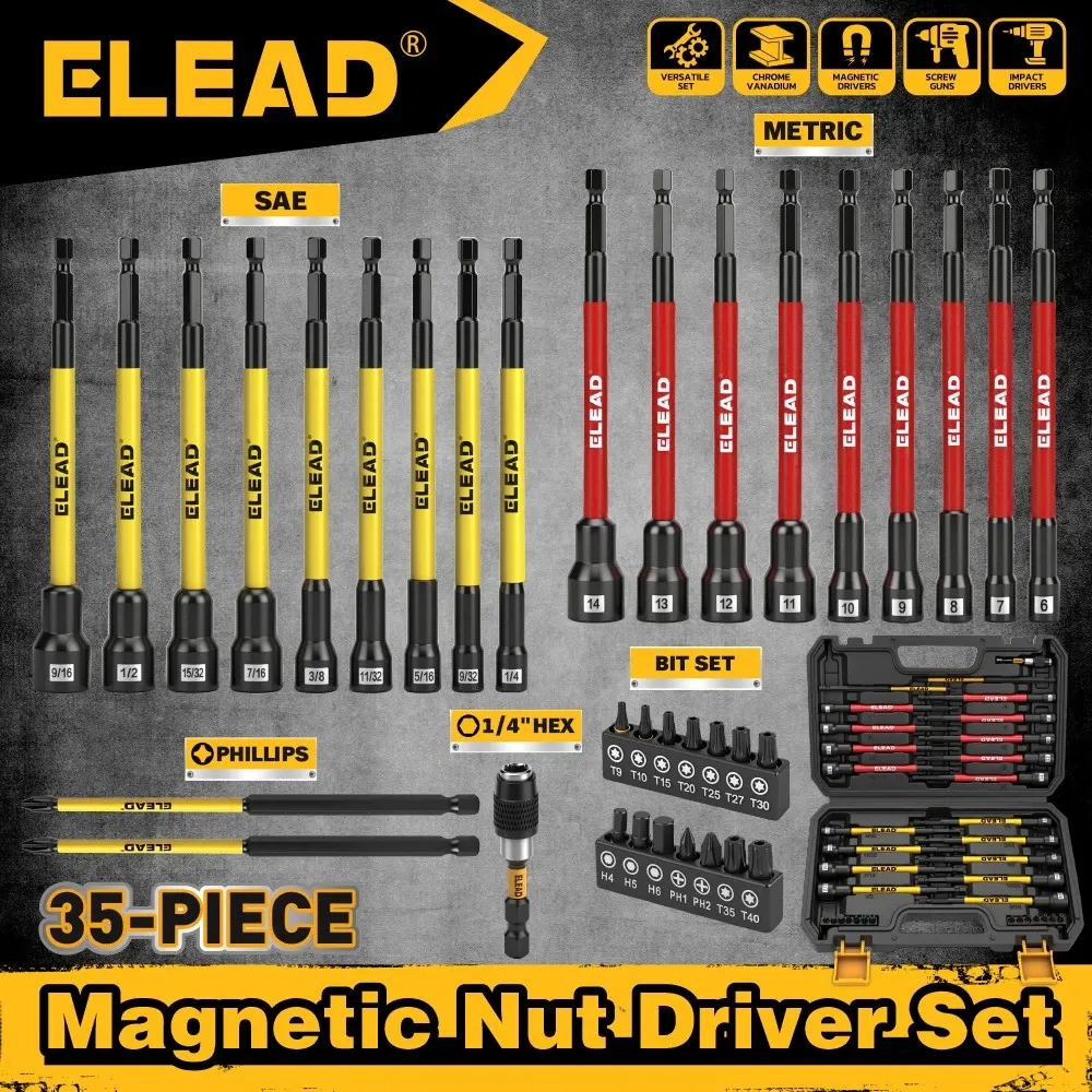 ELEAD 35Pcs Magnetic Nut Driver Bit Set Metric SAE 1/4
