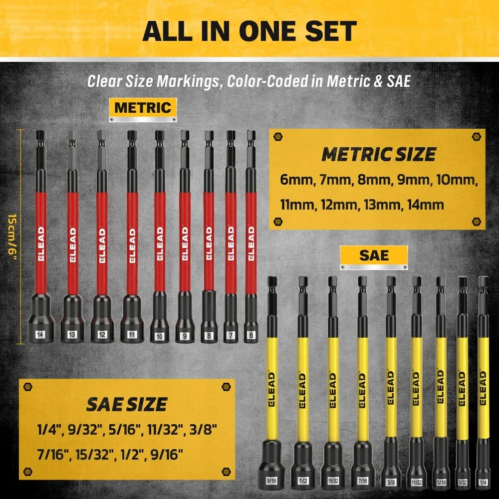 ELEAD 35Pcs Magnetic Nut Driver Bit Set Metric SAE 1/4