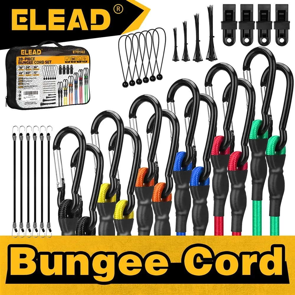 ELEAD 28PCS Bungee Cord Set Carabiner Hooks Assorted Sizes Heavy Duty Tie Down - Image 1