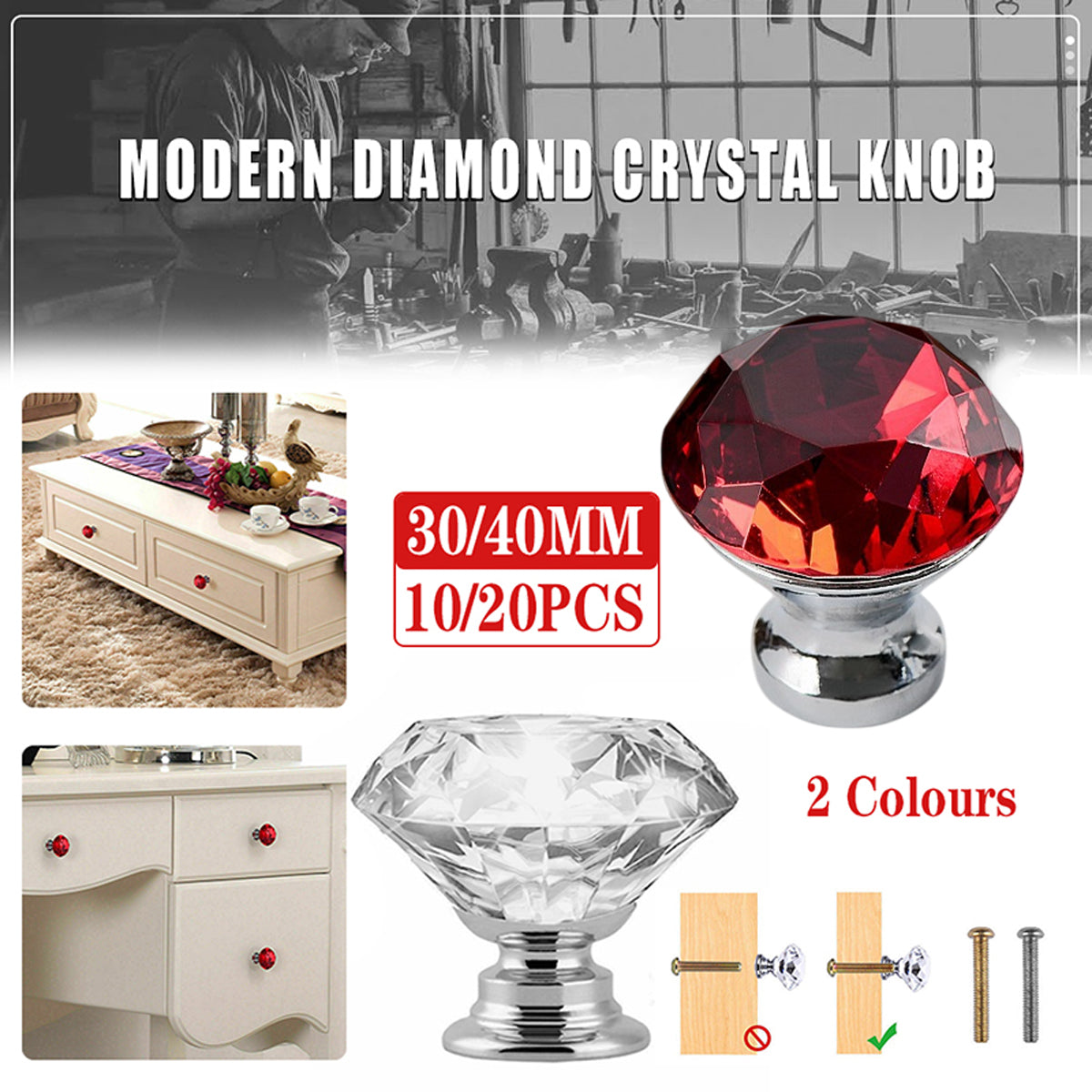 Door Knobs Handles Clear Crystal Diamond Glass Kitchen Cupboard Cabinet Pulls 40MM - Clear-10PCS - Image 1