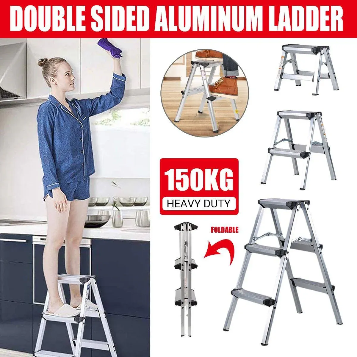 Portable Aluminium 1-3 Step Folding Ladder Anti-Slip Frame Stool for Home Use - 1 step Folding Ladder - Image 5