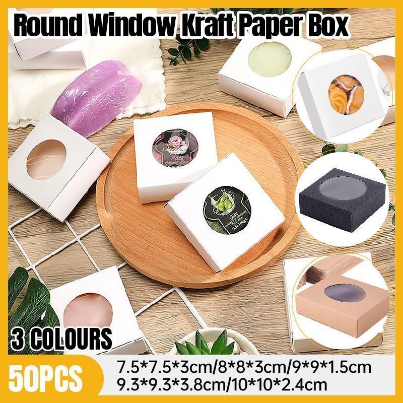 50PCS Handmade Soap Paper Box Round Window Kraft Black White Candy Biscuit Box - Khaki-50pcs 8*8*3CM - Image 1