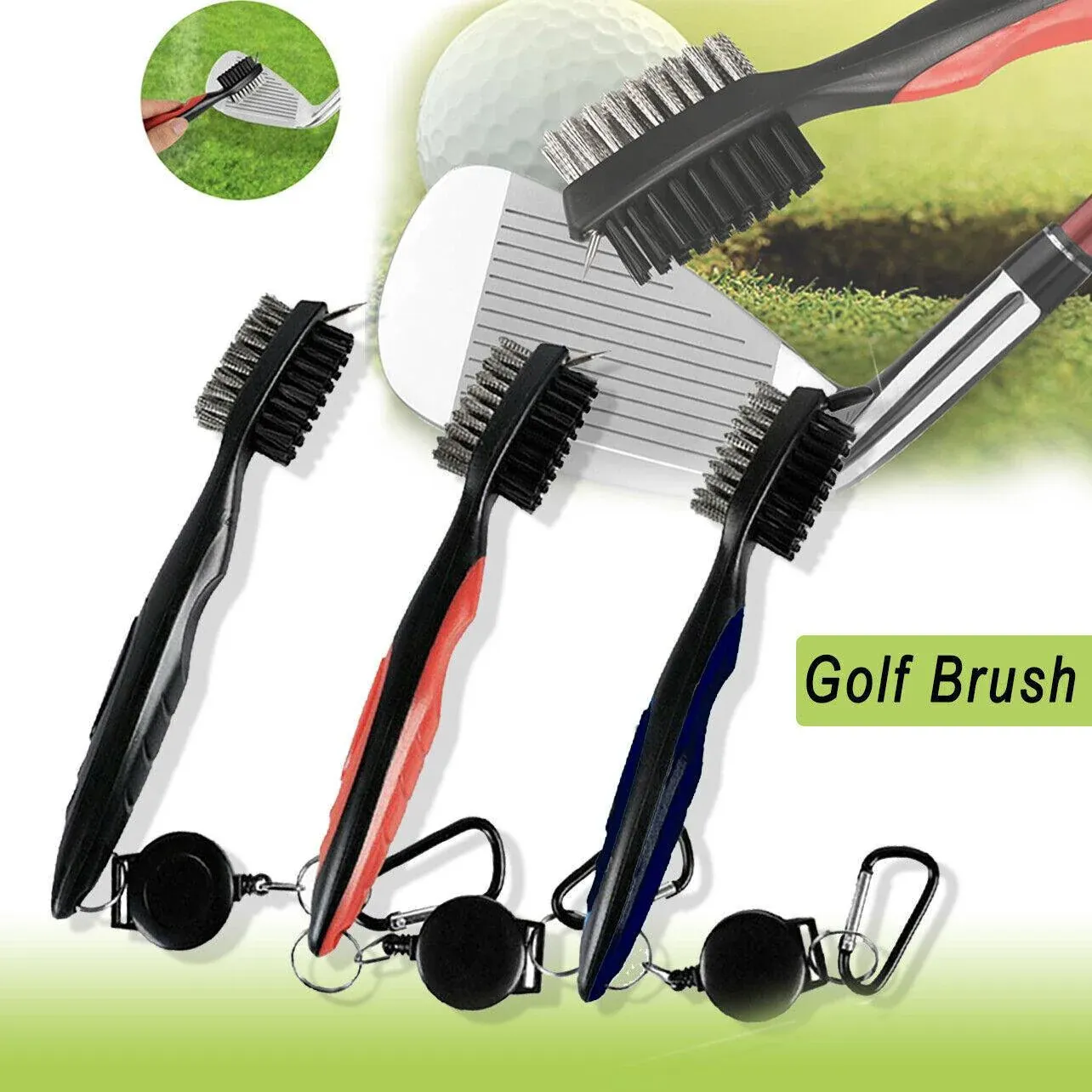 Golf Cleaning Brush Retractable Stock Color Groove Cleaner With Reel Club Ball - Black - Image 1